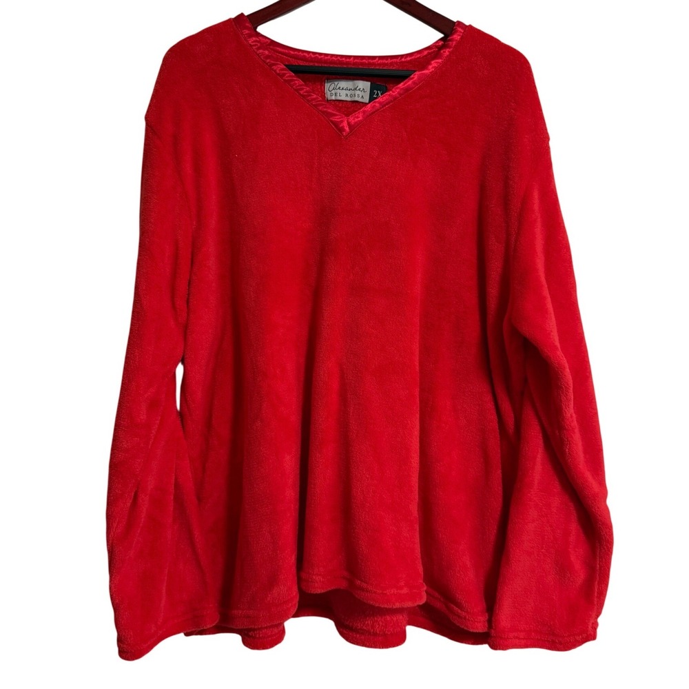 Alexander Del Rossa Red Fleece Pajama Top V-Neck Satin Trim Womens 2X